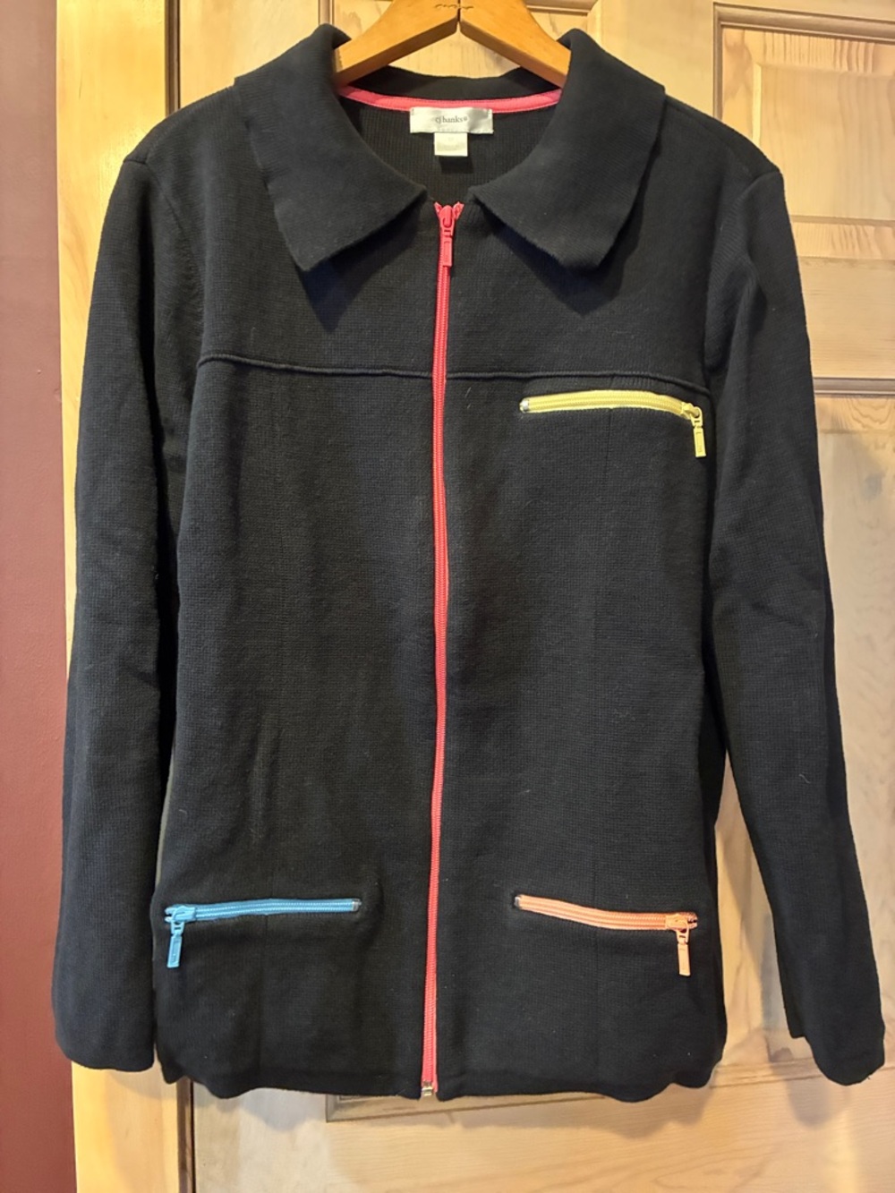 CJ Banks Black Sweater with Multicolor Accent Zippered Pockets
